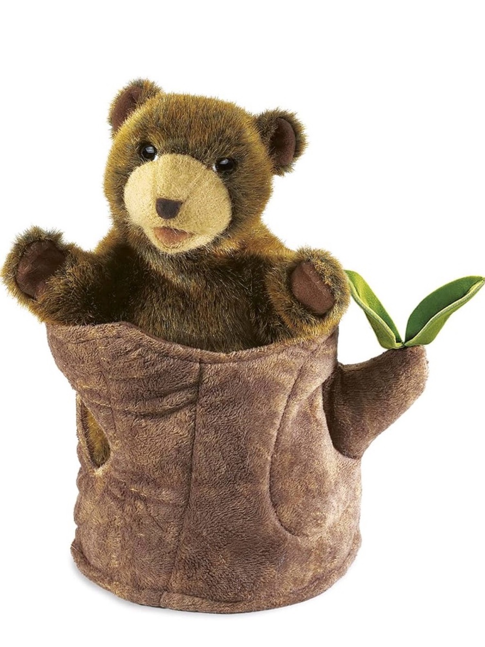 Plush Brown Bear in Tree Stump Puppet - Soft Brown & Green